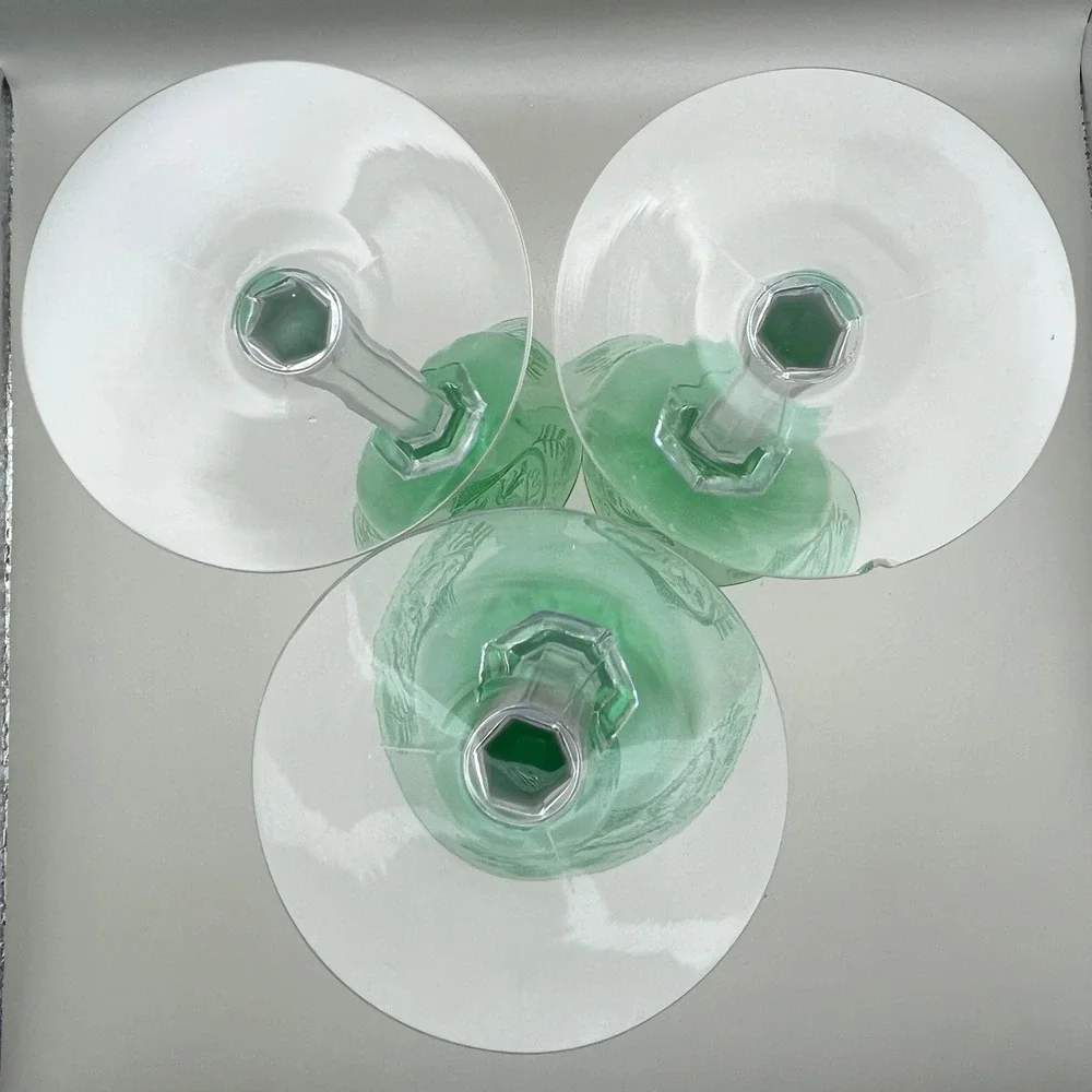 European‎ Uranium Hock Wine Goblets Etched Classic Lady Putto Green Set As Is
